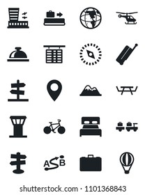 Set of vector isolated black icon - airport tower vector, suitcase, baggage conveyor, reception bell, larry, helicopter, flight table, building, case, picnic, bike, signpost, pin, route, compass