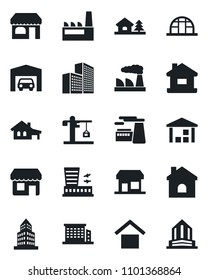 Set of vector isolated black icon - shop vector, airport building, factory, house, greenhouse, warehouse storage, office, with garage, tree, crane, storefront