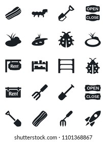 Set of vector isolated black icon - job vector, garden fork, shovel, lady bug, caterpillar, pond, rack, rent, bacon, open close, rocket