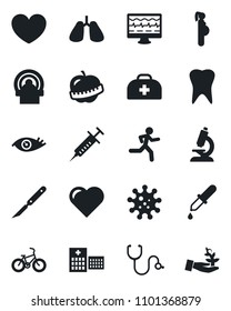 Set of vector isolated black icon - heart vector, monitor pulse, doctor case, stethoscope, syringe, dropper, microscope, scalpel, tomography, bike, run, lungs, tooth, eye, diet, hospital, pregnancy