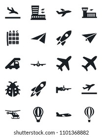 Set of vector isolated black icon - plane vector, departure, arrival, ladder car, boarding, helicopter, seat map, airport building, lady bug, rocket, paper, air balloon
