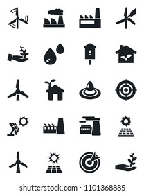 Set of vector isolated black icon - factory vector, bird house, target, sun panel, windmill, eco, water, palm sproute