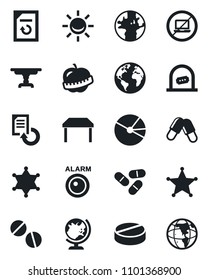 Set of vector isolated black icon - no laptop vector, ticket office, globe, document reload, pills, diet, earth, pie graph, table, police, alarm led