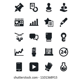 Set of vector isolated black icon - 24 around vector, stamp, abacus, bulb, document reload, glove, dropper, medical calendar, client, cell phone, dialog, favorites list, paper pin, play button