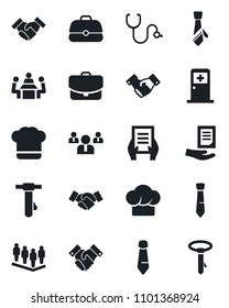 Set of vector isolated black icon - medical room vector, handshake, team, tie, document, stethoscope, meeting, cook hat, case