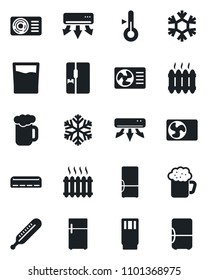 Set of vector isolated black icon - thermometer vector, heater, air conditioner, fridge, drink, beer, snowflake
