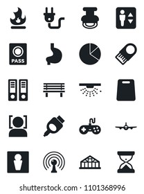 Set of vector isolated black icon - elevator vector, male, passport, plane, office binder, fire, bench, greenhouse, stomach, antenna, gamepad, hdmi, face id, pie graph, stamp, cutting board