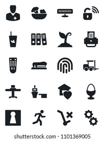 Set of vector isolated black icon - female vector, fork loader, printer, sproute, run, doctor, sea port, no trolley, remote control, fingerprint id, paper binder, stapler, sweet home, reserved, gear