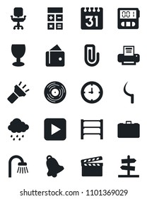 Set of vector isolated black icon - case vector, calculator, rain, sickle, clock, fragile, rack, clapboard, vinyl, play button, stopwatch, bell, calendar, torch, paper clip, office chair, printer