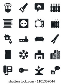 Set of vector isolated black icon - tv vector, saw, office building, key, cushioned furniture, fireplace, heater, home control, socket, irrigation, router, snowflake, intercome, radiator, bulb