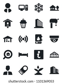 Set of vector isolated black icon - bed vector, office building, greenhouse, bird house, with tree, water supply, warehouse, estate search, agent, irrigation, heater, wireless, snowflake, pc