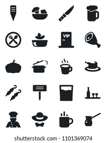 Set of vector isolated black icon - hot cup vector, plant label, pumpkin, coffee, cook, alcohol, cafe, drink, beer, salad, vip zone, dress code, chicken, kebab, ham, knife, steaming pan, turkish