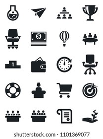 Set of vector isolated black icon - reception vector, meeting, hierarchy, target, wallet, clock, office chair, cart, flask, cash, paper plane, crisis management, pedestal, award cup, contract
