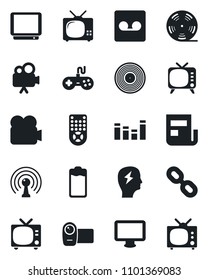 Set of vector isolated black icon - tv vector, brainstorm, reel, vinyl, antenna, gamepad, equalizer, video camera, remote control, monitor, chain, battery, record, news