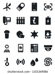 Set of vector isolated black icon - phone back vector, water heater, wireless, intercome, home control app, filter, thermometer, radiator, eye scan, protect, police, sun panel, combination lock
