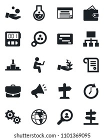 Set of vector isolated black icon - stopwatch vector, consumer search, gear, palm sproute, wallet, clock, earth, investment, flask, case, schedule, hierarchy, advertising, pedestal, contract