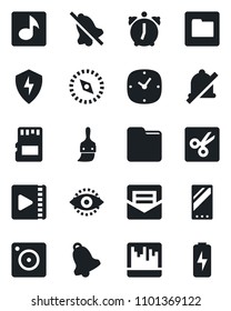 Set of vector isolated black icon - mobile vector, camera, protect, themes, clock, alarm, bell, mail, scanner, sd, folder, mute, cut, compass, eye id, music, video, charge