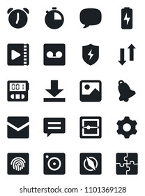 Set of vector isolated black icon - message vector, mobile camera, gallery, protect, settings, alarm, stopwatch, bell, mail, record, scanner, data exchange, download, compass, fingerprint id, video