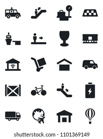 Set of vector isolated black icon - taxi vector, escalator, luggage scales, plane globe, ambulance car, bike, delivery, sea port, container, fragile, cargo, warehouse storage, railroad, battery