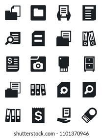 Set of vector isolated black icon - office binder vector, document search, receipt, folder, photo gallery, paper, archive box, usb flash