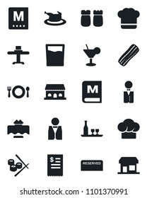 Set of vector isolated black icon - waiter vector, alcohol, restaurant table, cafe, cook hat, menu, reserved, drink, cocktail, bacon, salt and pepper, building, receipt, chicken, sushi, storefront