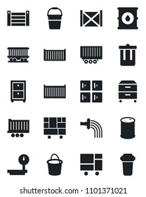 Set of vector isolated black icon - trash bin vector, checkroom, bucket, watering, railroad, truck trailer, cargo container, consolidated, oil barrel, heavy scales, archive box, water filter
