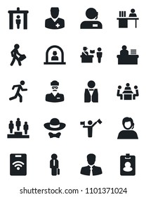 Set of vector isolated black icon - dispatcher vector, passport control, security gate, reception, pedestal, run, doctor, support, client, manager desk, meeting, waiter, dress code, pass card