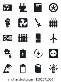 Set of vector isolated black icon - ripper vector, battery, charge, desk lamp, heater, air conditioner, fridge, home control, socket, power plug, fan, water, radiator, energy saving bulb, windmill