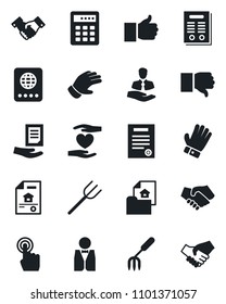 Set of vector isolated black icon - passport vector, handshake, document, garden fork, farm, glove, heart hand, client, touch screen, finger up, down, contract, estate, waiter, combination lock