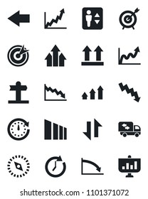 Set of vector isolated black icon - elevator vector, left arrow, crisis graph, signpost, up side sign, sorting, data exchange, compass, moving, target, clock, growth, presentation