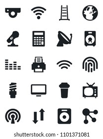 Set of vector isolated black icon - satellite antenna vector, ladder, microphone, equalizer, monitor, speaker, data exchange, wireless, fingerprint id, printer, tv, web camera, water filter, earth