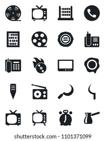 Set of vector isolated black icon - alarm clock vector, phone, tv, abacus, stamp, sickle, plant label, reel, flame disk, radio, office, turkish coffee