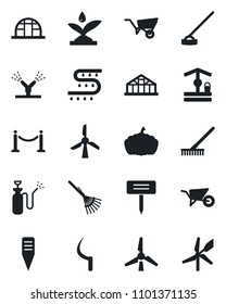 Set of vector isolated black icon - fence vector, rake, wheelbarrow, well, hoe, sickle, plant label, pumpkin, greenhouse, garden sprayer, drip irrigation, windmill