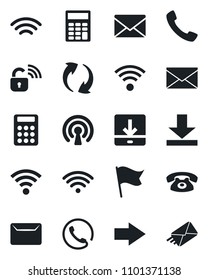 Set of vector isolated black icon - right arrow vector, mail, call, update, download, wireless, calculator, phone, lock, flag