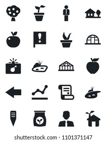 Set of vector isolated black icon - bomb in case vector, left arrow, manager, contract, seedling, plant label, greenhouse, fertilizer, important flag, point graph, house with tree, pond, fruit, eco