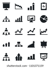 Set of vector isolated black icon - growth statistic vector, hierarchy, presentation board, pulse clipboard, monitor statistics, bar graph, pie, point, arrow up, crisis