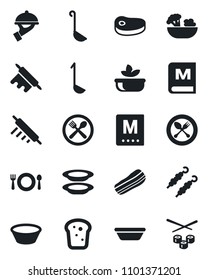 Set of vector isolated black icon - spoon and fork vector, cafe, menu, salad, plates, bacon, waiter, bread, steak, kebab, ladle, bowl, rolling pin, sushi