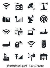 Set of vector isolated black icon - antenna vector, wireless notebook, office phone, satellite, radio, remote control, cellular signal, lock, router, garage gate