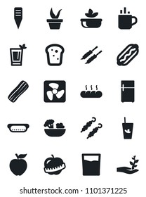 Set of vector isolated black icon - hot cup vector, seedling, plant label, diet, drink, phyto bar, salad, bacon, bread, kebab, dog, apple fruit, fan, fridge, palm sproute