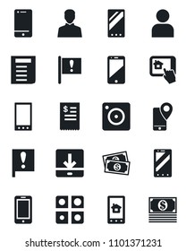 Set of vector isolated black icon - mobile phone vector, document, important flag, cash, tracking, cell, camera, user, download, application, restaurant receipt, home control app