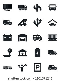 Set of vector isolated black icon - dispatcher vector, airport bus, parking, ladder car, ambulance, route, railroad, truck trailer, delivery, heavy scales, garage, gate control, battery