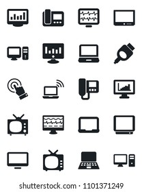 Set of vector isolated black icon - wireless notebook vector, pc, statistic monitor, pulse, tv, touch screen, laptop, hdmi, statistics, intercome