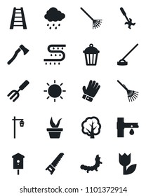Set of vector isolated black icon - garden fork vector, rake, ladder, seedling, tree, glove, saw, sun, rain, hoe, axe, light, caterpillar, bird house, drip irrigation, ripper, tulip