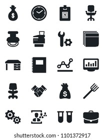 Set of vector isolated black icon - office chair vector, desk, money bag, farm fork, blood test vial, root setup, copybook, clock, monitor statistics, identity card, hr, blank box, point graph, gear