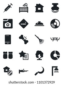 Set of vector isolated black icon - smoking place vector, boarding, circle chart, rake, tree, house, sickle, picnic table, syringe, broken bone, cell phone, favorites list, photo gallery, stamp