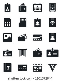 Set of vector isolated black icon - credit card vector, identity, medical calendar, gallery, sd, sim, archive box, wine, pass, wallet, pennon