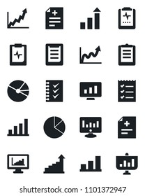 Set of vector isolated black icon - growth statistic vector, monitor, diagnosis, pulse clipboard, statistics, bar graph, pie, checklist, presentation