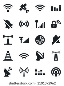 Set of vector isolated black icon - antenna vector, border cone, radar, satellite, equalizer, wireless, mute, cellular signal, lock