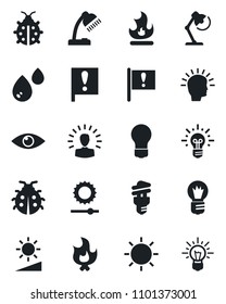 Set of vector isolated black icon - bulb vector, lady bug, fire, sun, eye, important flag, brightness, desk lamp, water, energy saving, shining head, idea