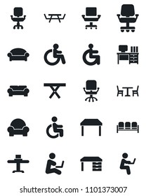 Set of vector isolated black icon - cafe vector, waiting area, disabled, office chair, desk, picnic table, cushioned furniture, restaurant, man with notebook
